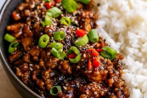 Spicy Firecracker Ground Chicken served in a bowl with colorful vegetables