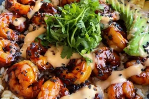 Teriyaki shrimp rice bowl topped with fresh veggies and flavorful sauce