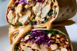 Thai-style spiced peanut chicken wraps with fresh vegetables and peanut sauce
