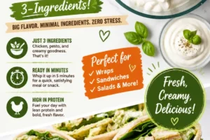 Three-ingredient pesto chicken salad served in a bowl with fresh herbs