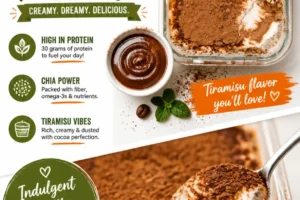 A bowl of tiramisu chia pudding topped with cocoa and coffee beans.