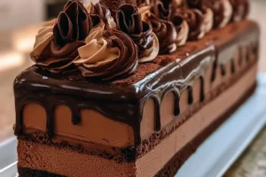 Velvet Cocoa-Tiramisu Mousse Cake with chocolate curls on top