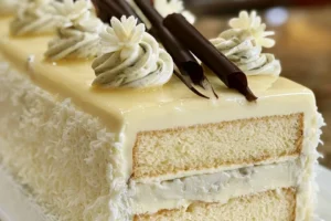 Delicious velvety vanilla bean mousse cake topped with fresh berries and chocolate shavings.