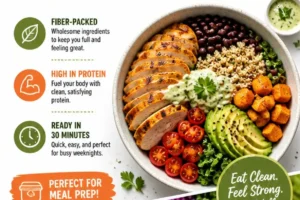 Colorful and nutritious wholesome dinner bowls with fresh ingredients