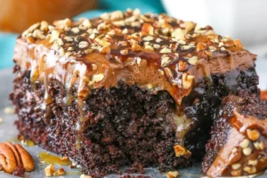 Chocolate Turtle Poke Cake