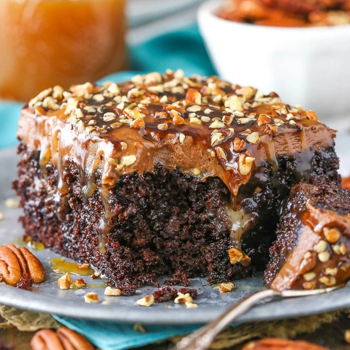 Chocolate Turtle Poke Cake
