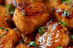 Air-Fried Honey Garlic Salmon Bites served on a plate with garnishes
