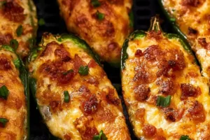 Plate of air fried jalapeno poppers with melted cheese and crispy breadcrumbs
