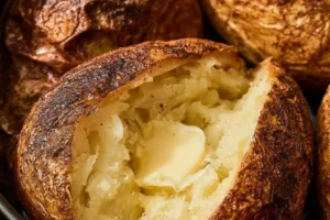 Crispy and fluffy air fryer baked potato served with toppings