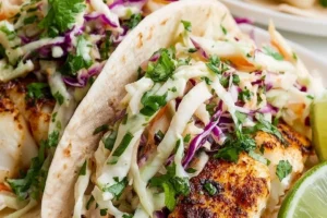 Crispy air fryer fish tacos served with fresh toppings and lime wedges