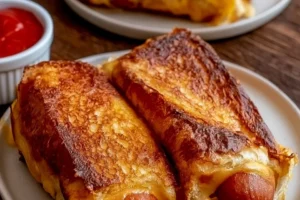 Air fryer grilled cheese hot dogs with melted cheese and crispy bread.
