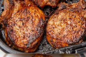 Air fryer pork chops cooked to perfection with a golden-brown crust.