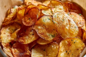 Delicious homemade air fryer potato chips with seasonings on a plate.