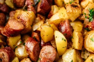 Bowl of air fryer potatoes and sausage, showcasing golden crispy texture.