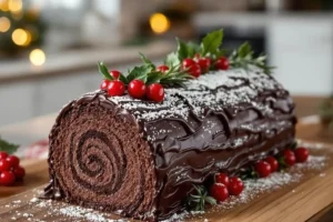 Delicious Christmas chocolate logs cake decorated for Instagram festivities.