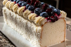 Delicious Coconut Cream Slice topped with Berry Chantilly cream