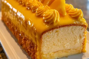 Cream cake topped with mango glaze and butter rosettes for a stunning dessert.