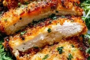 Crispy breaded chicken breast cooked in an air fryer with a golden crust