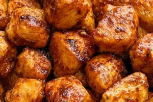 Crispy air fryer chicken bites served with dipping sauce on a plate.