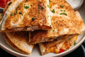 Crispy air fryer chicken quesadilla served with creamy Taco Bell-style sauce