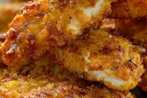 Crispy air fryer chicken tenders served on a plate with dipping sauce.