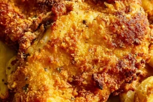 Crispy air fryer fried chicken served on a plate with herbs and dipping sauce