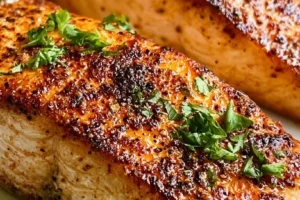 Crispy air fryer salmon fillet garnished with herbs and lemon