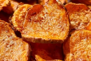 Bowl of crispy air fryer sweet potato chips served as a healthy snack