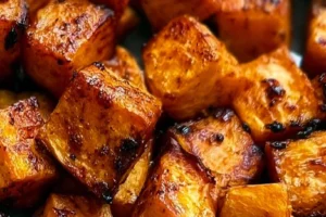 Crispy air fryer sweet potato cubes served in a bowl