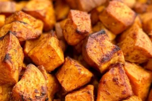 Crispy air fryer sweet potato cubes served in a bowl