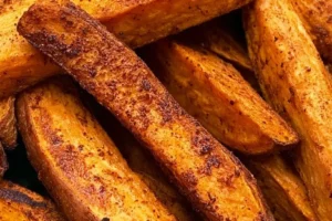 Crispy air fryer sweet potato wedges served on a plate with dipping sauce