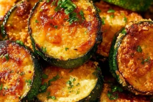 Crispy cheesy air fryer zucchini slices on a plate