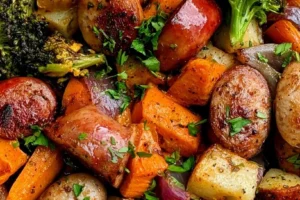 Crispy chicken sausage and colorful veggies cooked in an air fryer