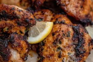 Crispy and juicy air fryer chicken thighs served on a plate with herbs.
