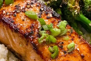 Crispy salmon fillet topped with honey garlic glaze cooked in an air fryer.