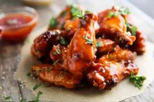 Plate of crispy sweet and spicy air fryer chicken wings garnished with herbs
