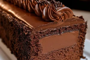 Delicious slice of dreamy chocolate fudge cake topped with chocolate ganache