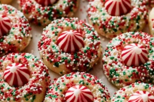 Festive Candy Cane Kiss Cookies with chocolate and peppermint flavor