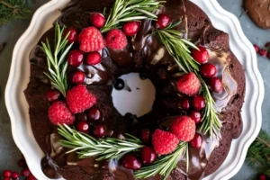 Gingerbread Chocolate Bundt Cake shaped like a Christmas wreath