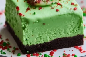 Grinch-inspired no-bake Christmas cheesecake topped with festive decorations.