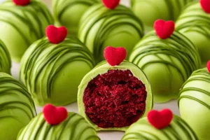Delicious Grinch Oreo Balls made with Red Velvet Oreos for a festive holiday treat
