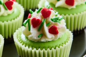 Grinch-themed mini cheesecakes decorated with holiday colors and toppings