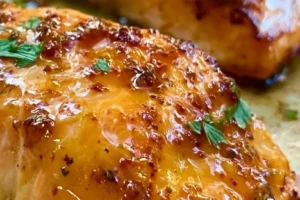 Honey Mustard Salmon cooked in an air fryer with a golden glaze