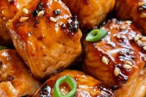 Honey soy glazed air fryer salmon bites served on a plate