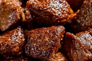 Juicy air fryer steak bites served on a plate with seasoning.