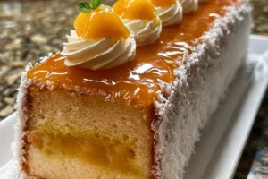 Mango Coconut Cream Loaf freshly baked and garnished with coconut flakes