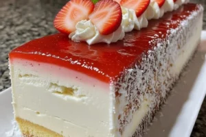 Delicious multilayer strawberry cheesecake topped with fresh strawberries