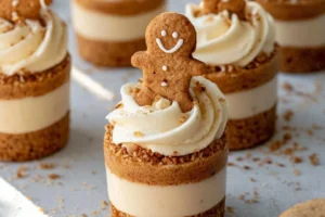 No-Bake Gingerbread Cheesecake Cups topped with festive decorations