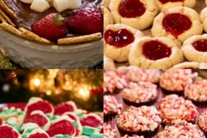 A variety of easy and festive Christmas desserts on a decorated holiday table.