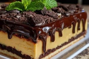 Delicious slice of Oreo Cheesecake topped with crushed Oreo cookies